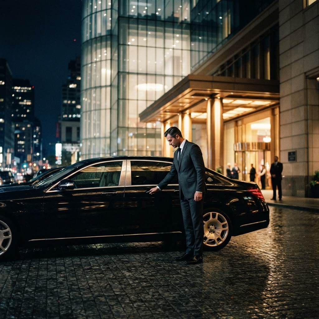 A chauffeur in a dark suit welcomes a client beside a black luxury executive car outside an illuminated building at night
